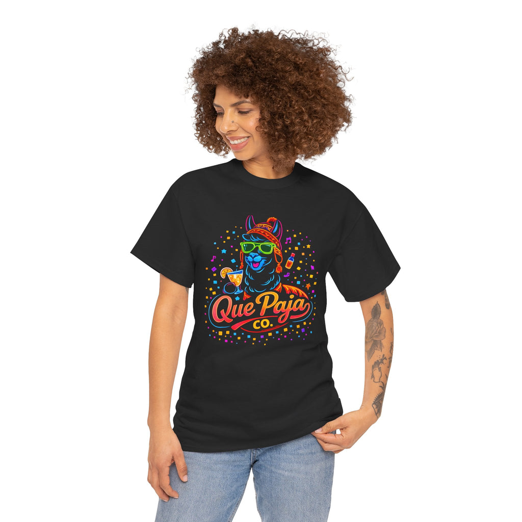 Que Paja Co. Neon Llama Tee — 'Chim Pum Callao!' Graphic Shirt