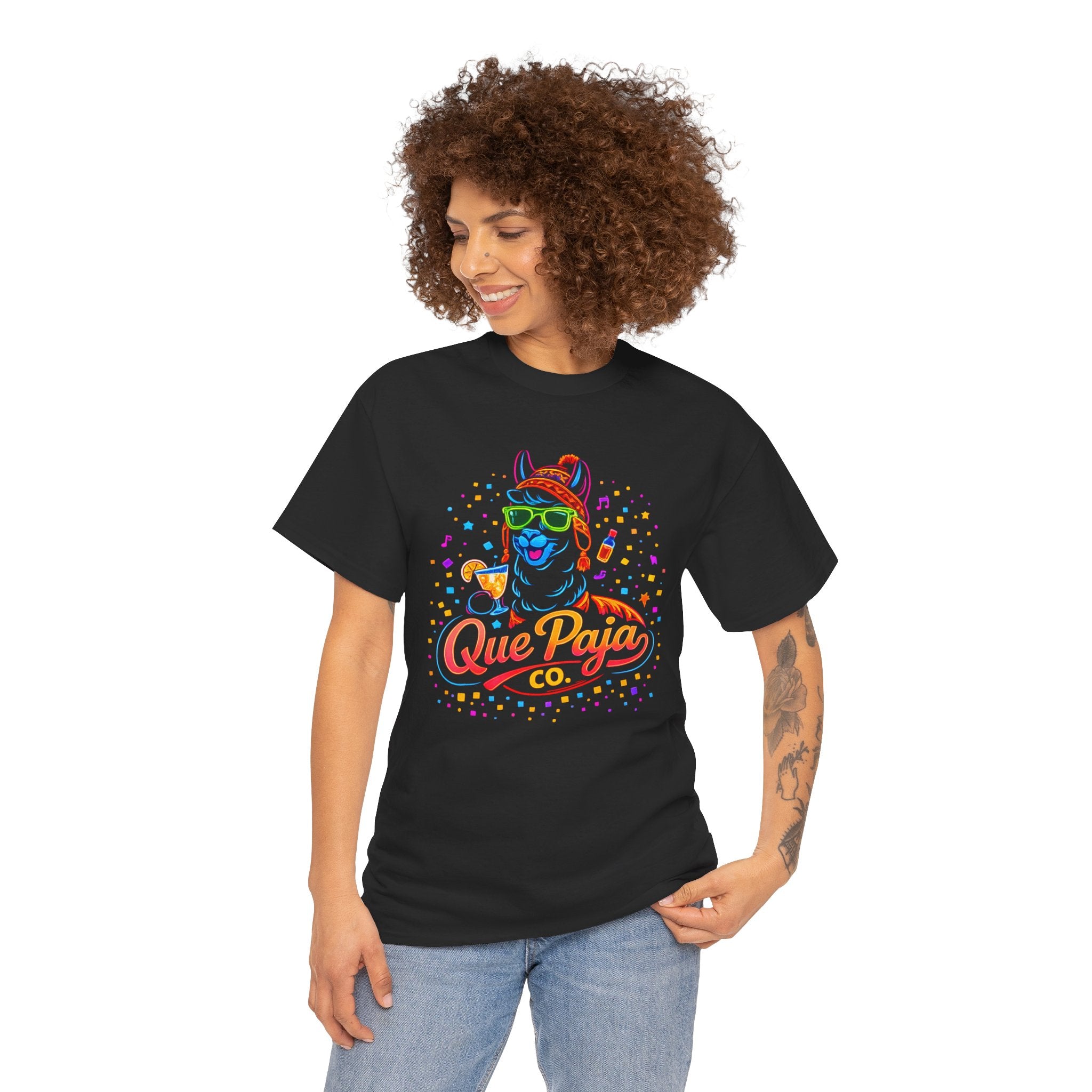 Que Paja Co. Neon Llama Tee — 'Chim Pum Callao!' Graphic Shirt