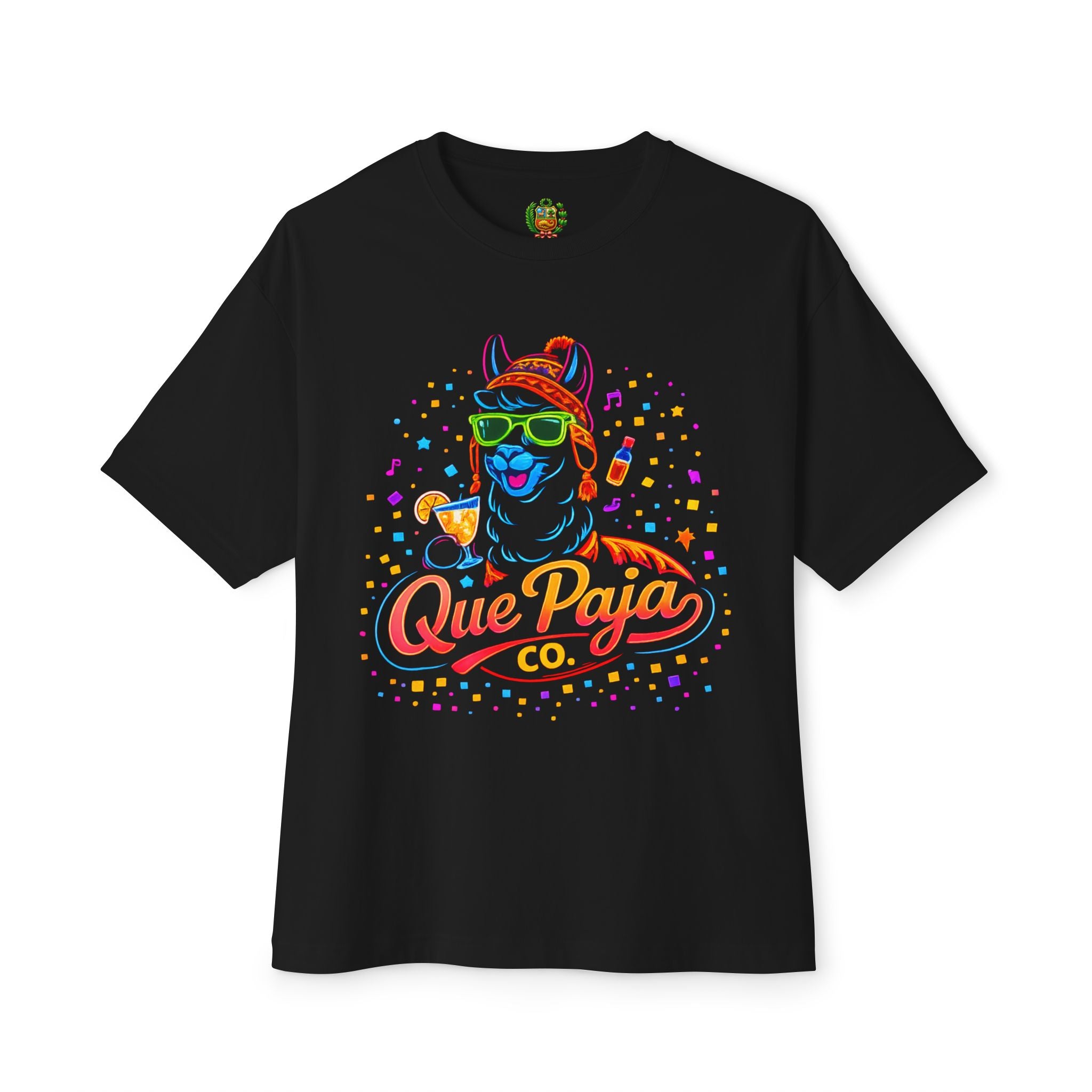 Que Paja Co. Neon Llama Tee — 'Chim Pum Callao!' Graphic Shirt