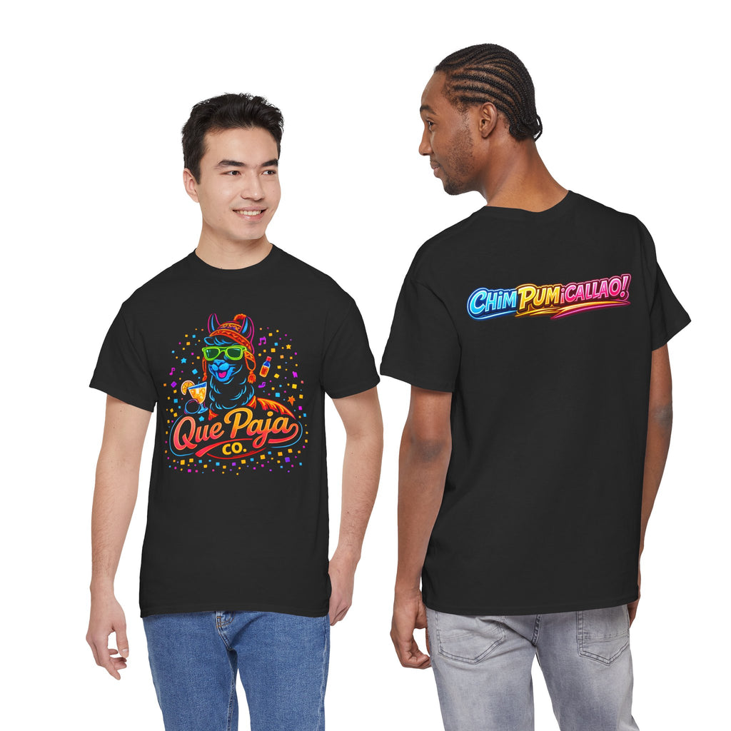 Que Paja Co. Neon Llama Tee — 'Chim Pum Callao!' Graphic Shirt