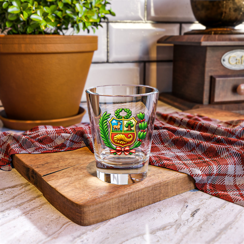 Peru Coat of Arms 1.5oz Shot Glass — National Crest Mini Liquor Glass, Patriotic Peruvian Keepsake